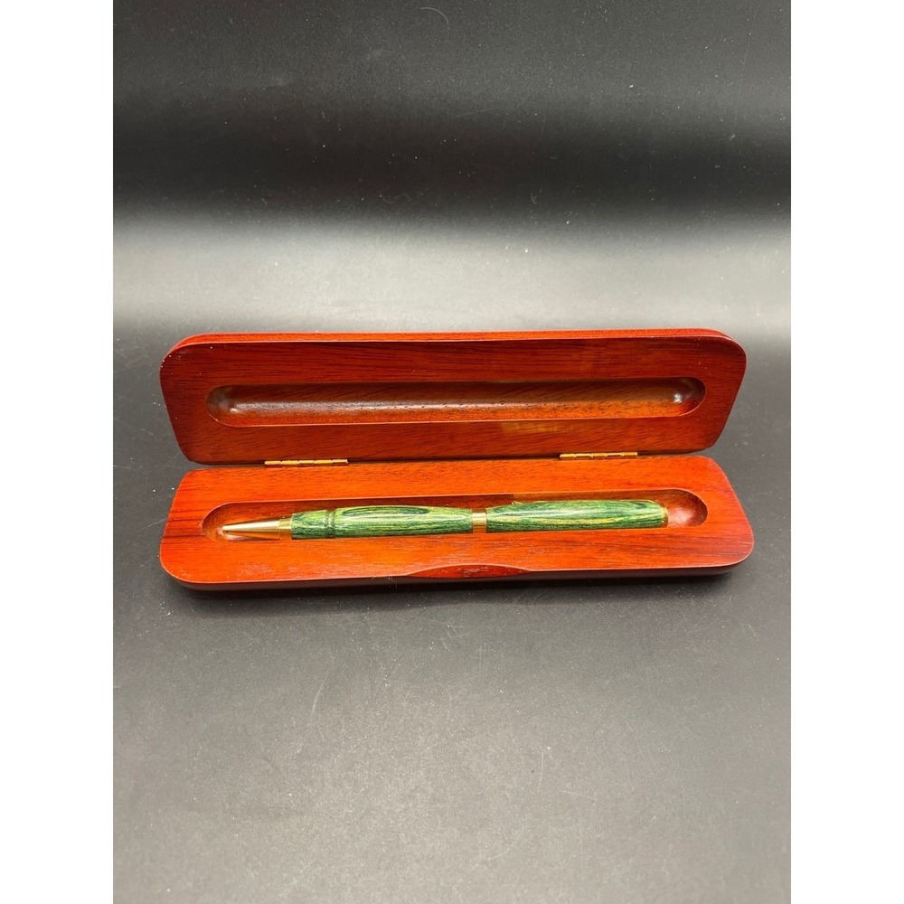 Handcrafted Slim Line Pen Set Green Wood Gold Tone Trim with Wooden Gift Case